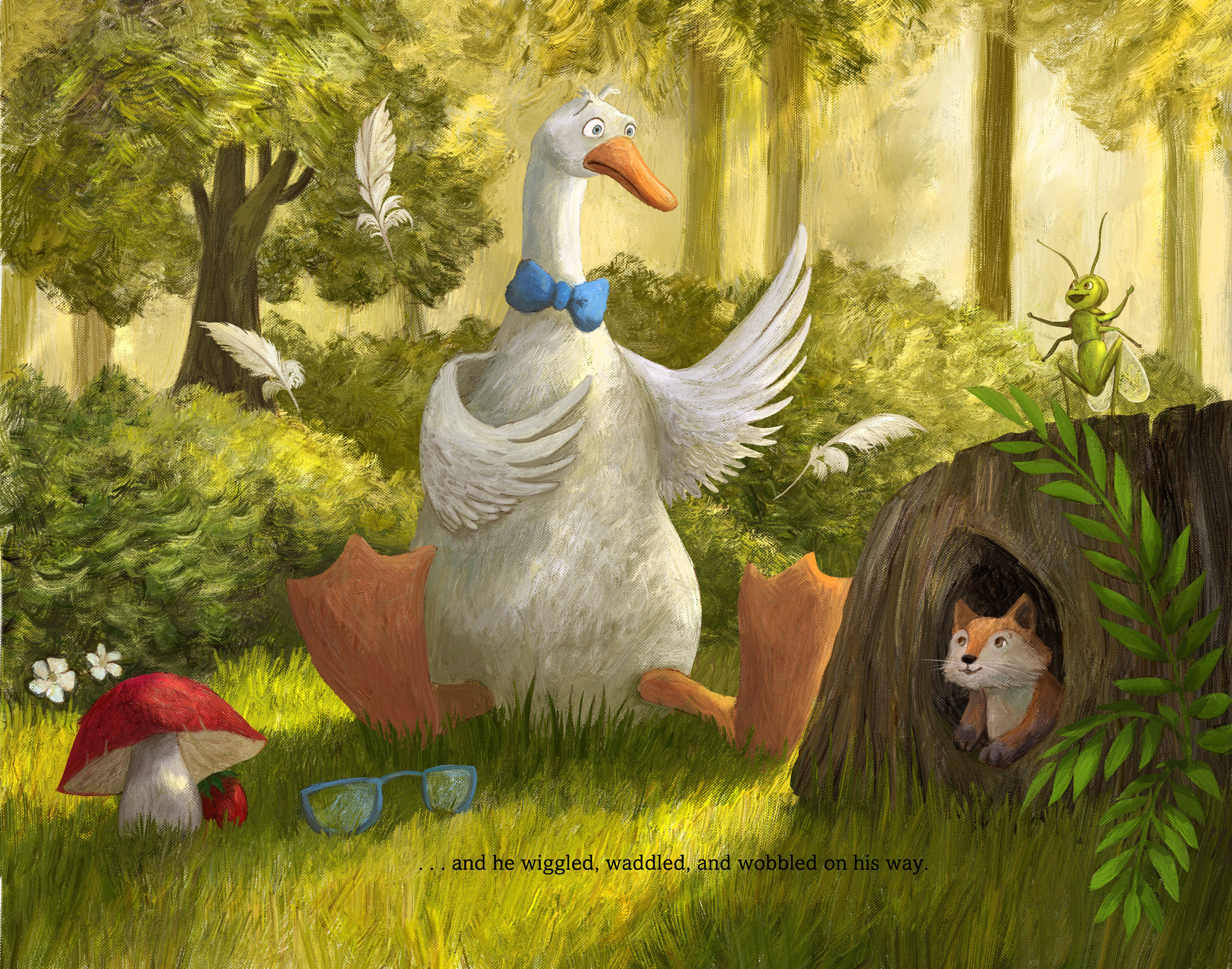 Finished full color artwork of Griffin wiggling, waddling, and wobbling into the forest, from 'Ruffled Feathers'.